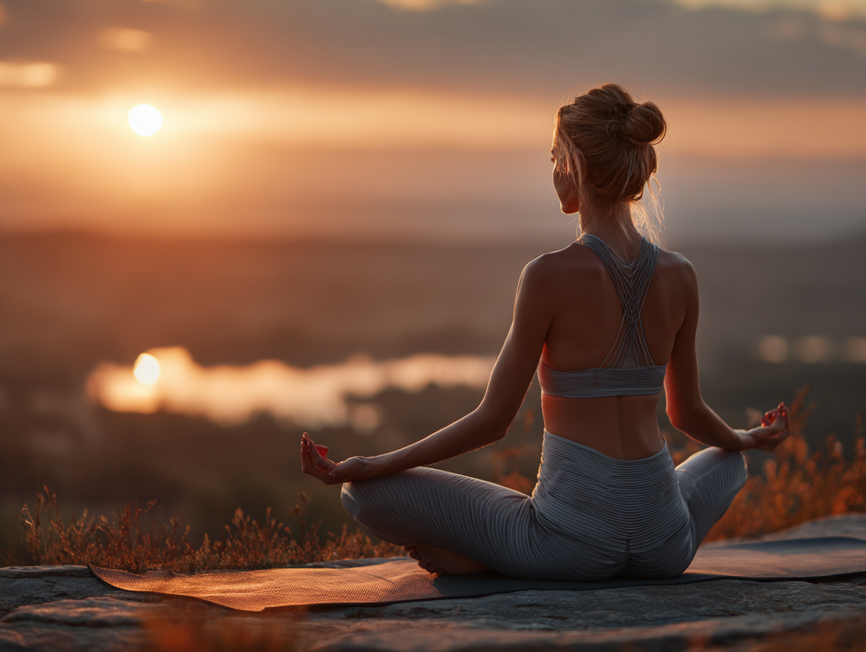 Молода жінка медитує в позі лотоса на природі